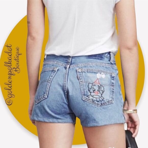 REDONE Reformation Vintage Levi’s embroidered high rise jean shorts size 26 NWT - Picture 7 of 14